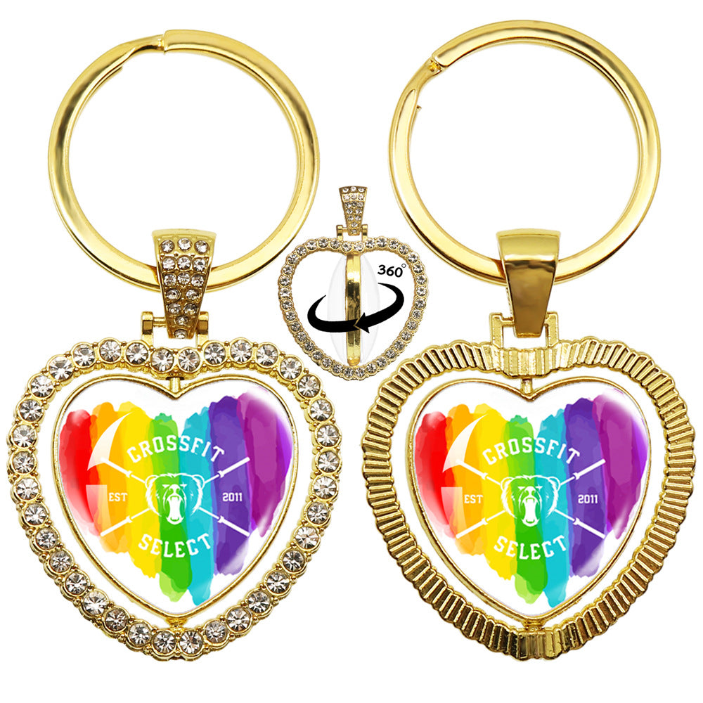 Wholesale LGBT Rainbow Rhinestone Heart Shaped 360 Degree Rotating Double Sided Metal Keychain
